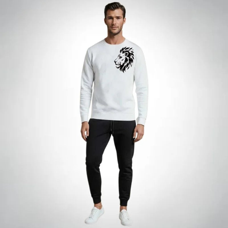 LION Printed White Tracksuit Sweatshirt & Trouser  | Warm & Comfortable Winter Wear | Medium