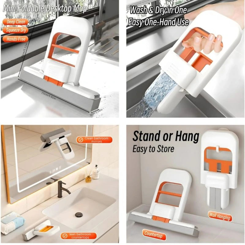 Foldable Desktop Mini Sponge Mop | Self-Squeezing Wet & Dry Cleaning Mop for Kitchen, Bathroom, Car & Glass